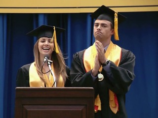 The girl gave a blow job to a graduate under the podium